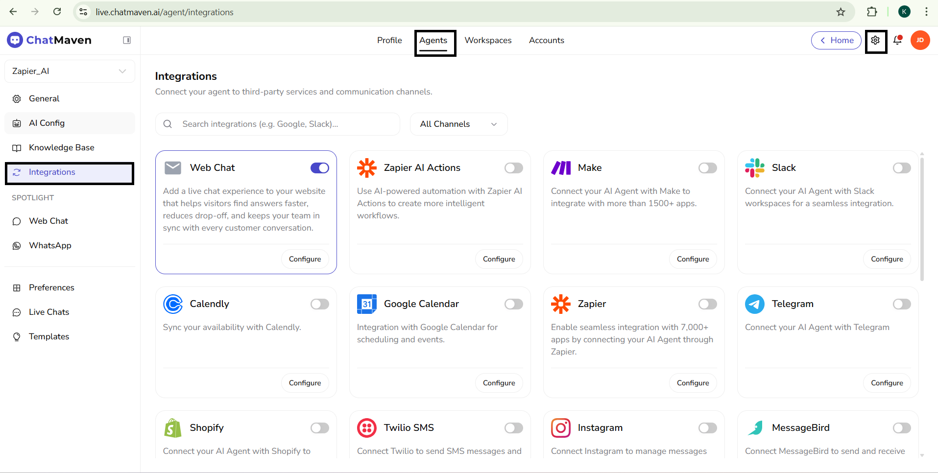 Settings >Agents>Integrations